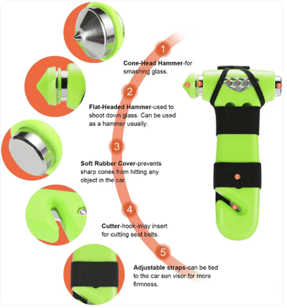 6-In-1 Car Safety Hammer (Glow-In-Dark), Emergency Escape Tool with Window Breaker and Seat Belt Cutter for First Responders and Roadside Safety Kits