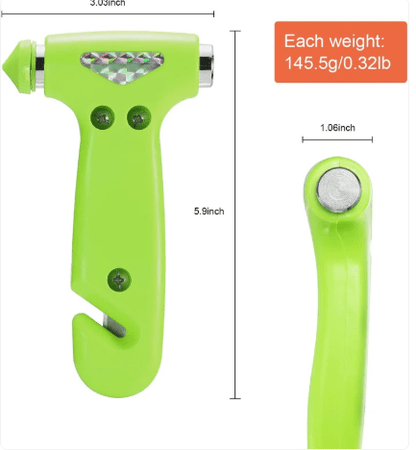 6-In-1 Car Safety Hammer (Glow-In-Dark), Emergency Escape Tool with Window Breaker and Seat Belt Cutter for First Responders and Roadside Safety Kits